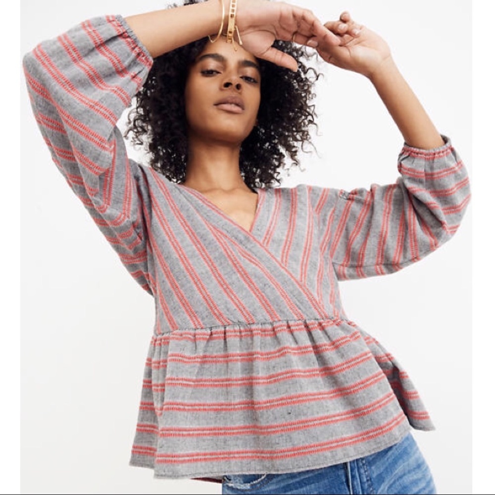 Madewell Striped Bubble-Sleeve Peplum Top